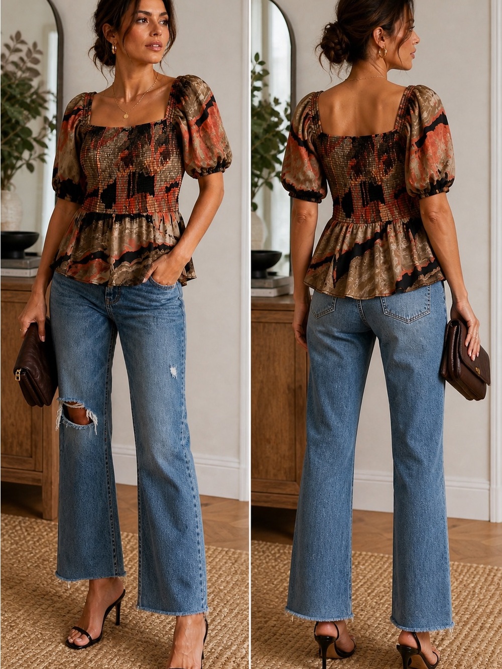 Donna Karan NY Smocked Peplum Top Abstract Print Puff Sleeve Luxe Boho M